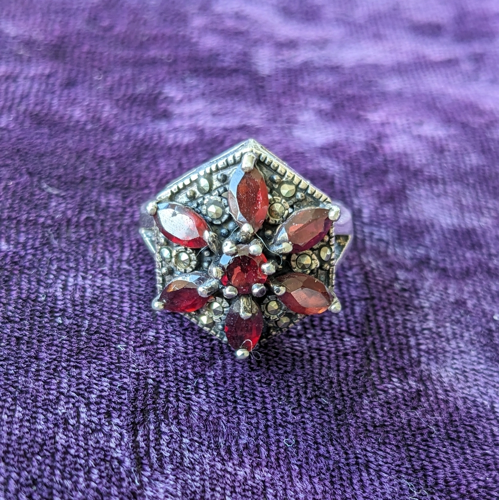 Antique Art Deco 925 Sterling Silver Ring With Natural Marquise Cut Red Garnet